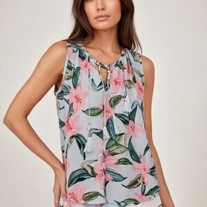 C & E Blue Green Pink Lily Floral Sleeveless Tassle Top Size XS